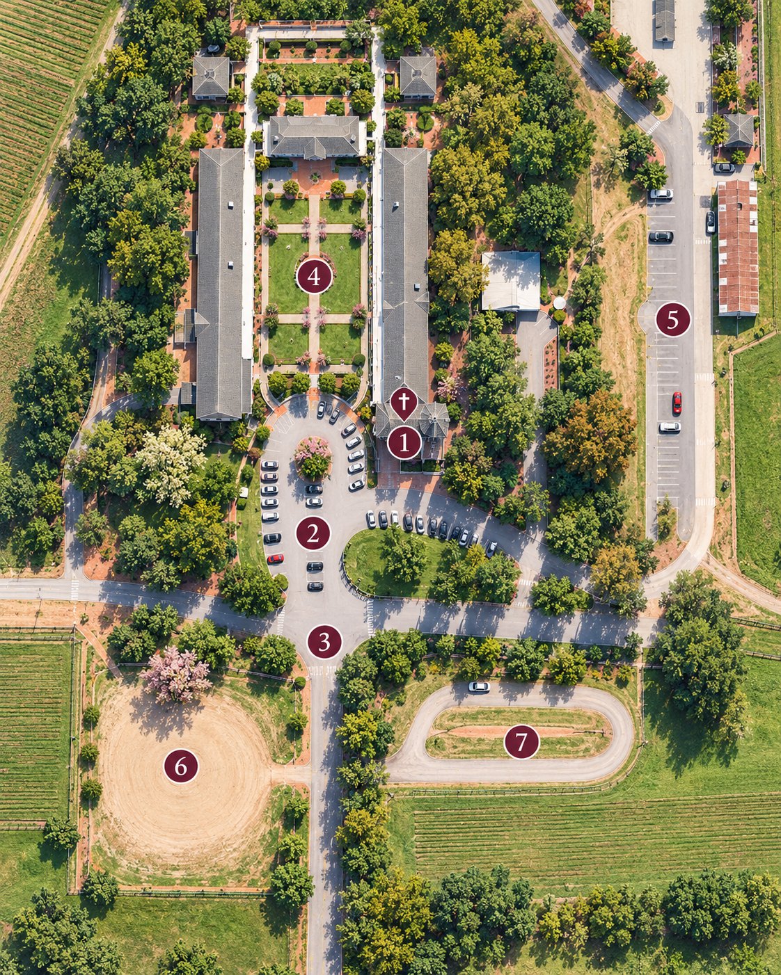 Aerial map of St. Vincent's with numbered spots: 1 the chapel entrance, 2 guest parking, 3 the main driveway, 4 the reception courtyard, 5 overflow parking, 6 and 7 additional parking