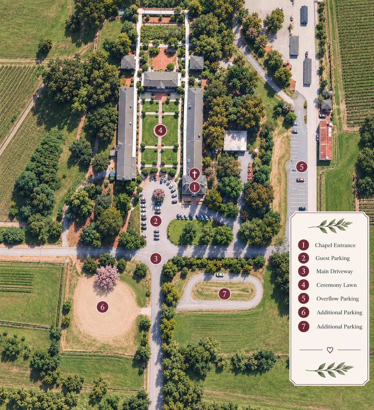 Aerial map of St. Vincent's showing the chapel, courtyard, driveway, and parking lots