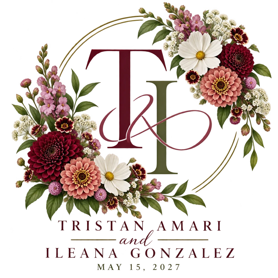 T and I monogram wreathed in dahlias, zinnias, cosmos and snapdragons. Tristan Amari and Ileana Gonzalez, May 15, 2027