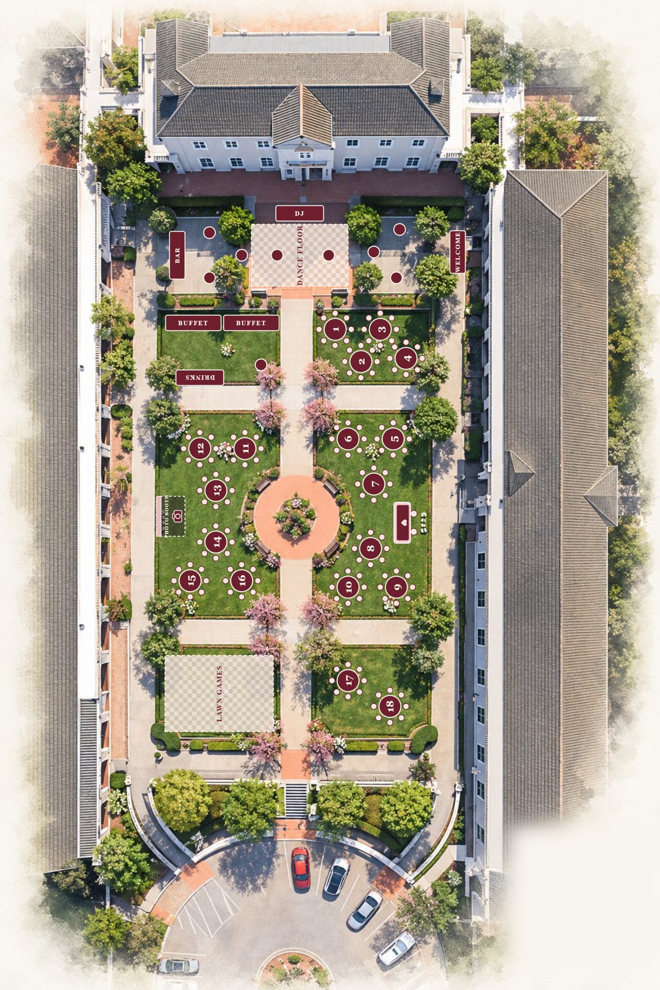 Aerial view of the reception courtyard with the dinner tables, buffet, bar, dance floor and lawn games marked